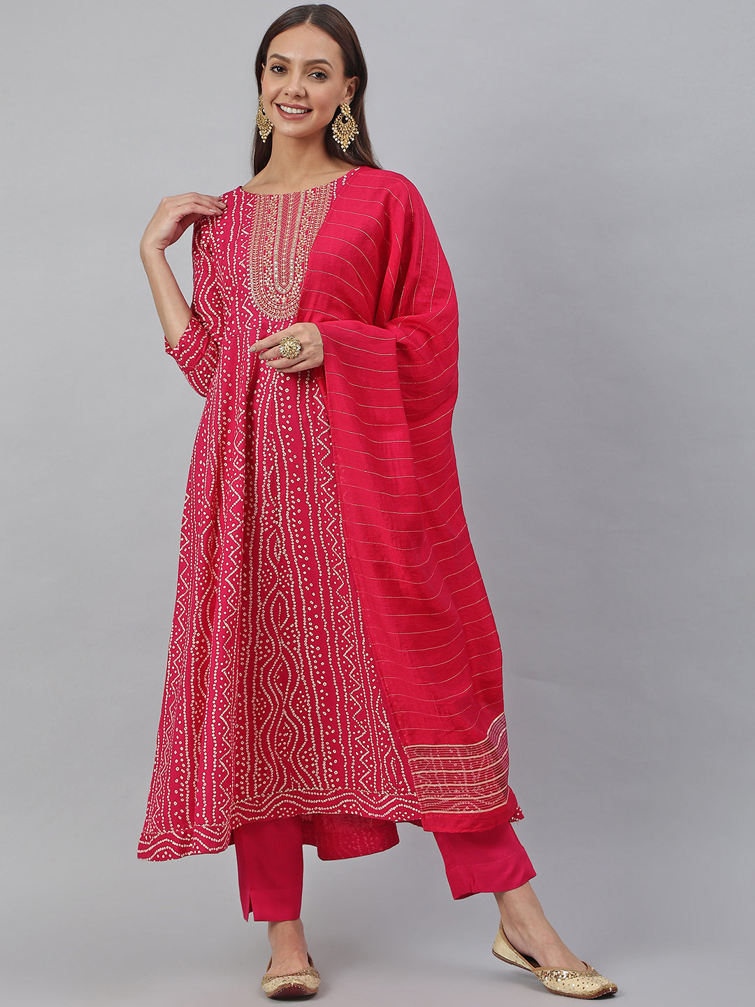 Janasya Women's Pink Rayon Bandhani Kurta With Pant And Dupatta