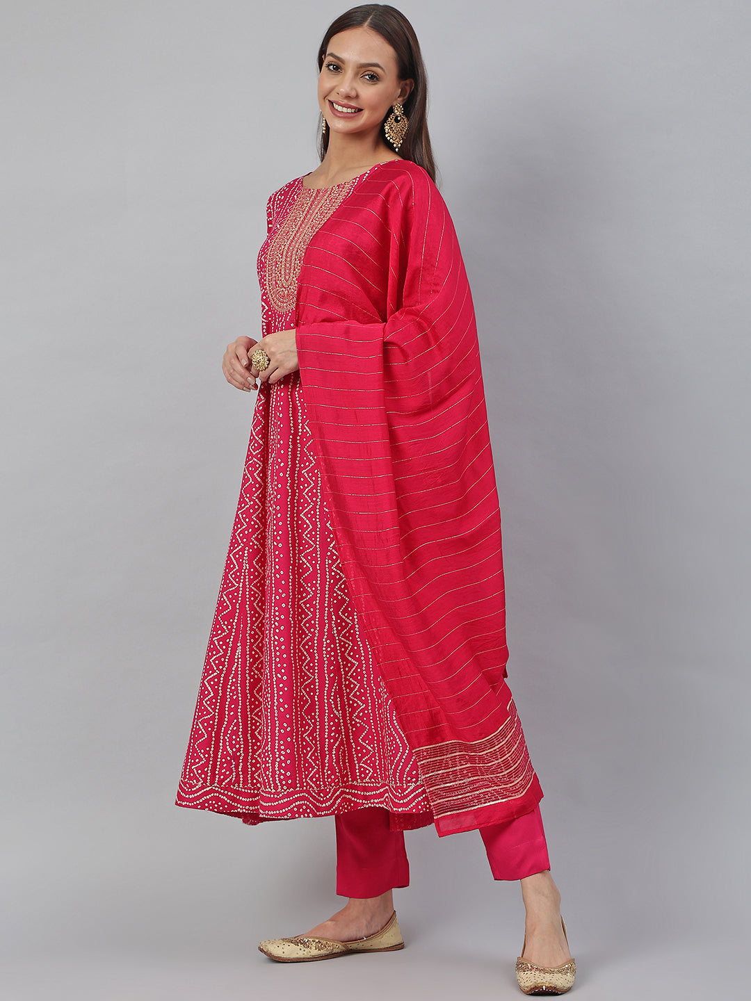Janasya Women's Pink Rayon Bandhani Kurta With Pant And Dupatta