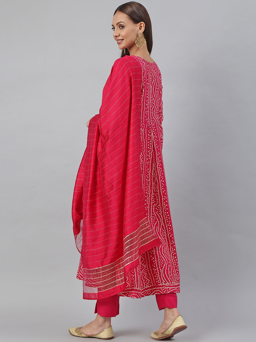 Janasya Women's Pink Rayon Bandhani Kurta With Pant And Dupatta