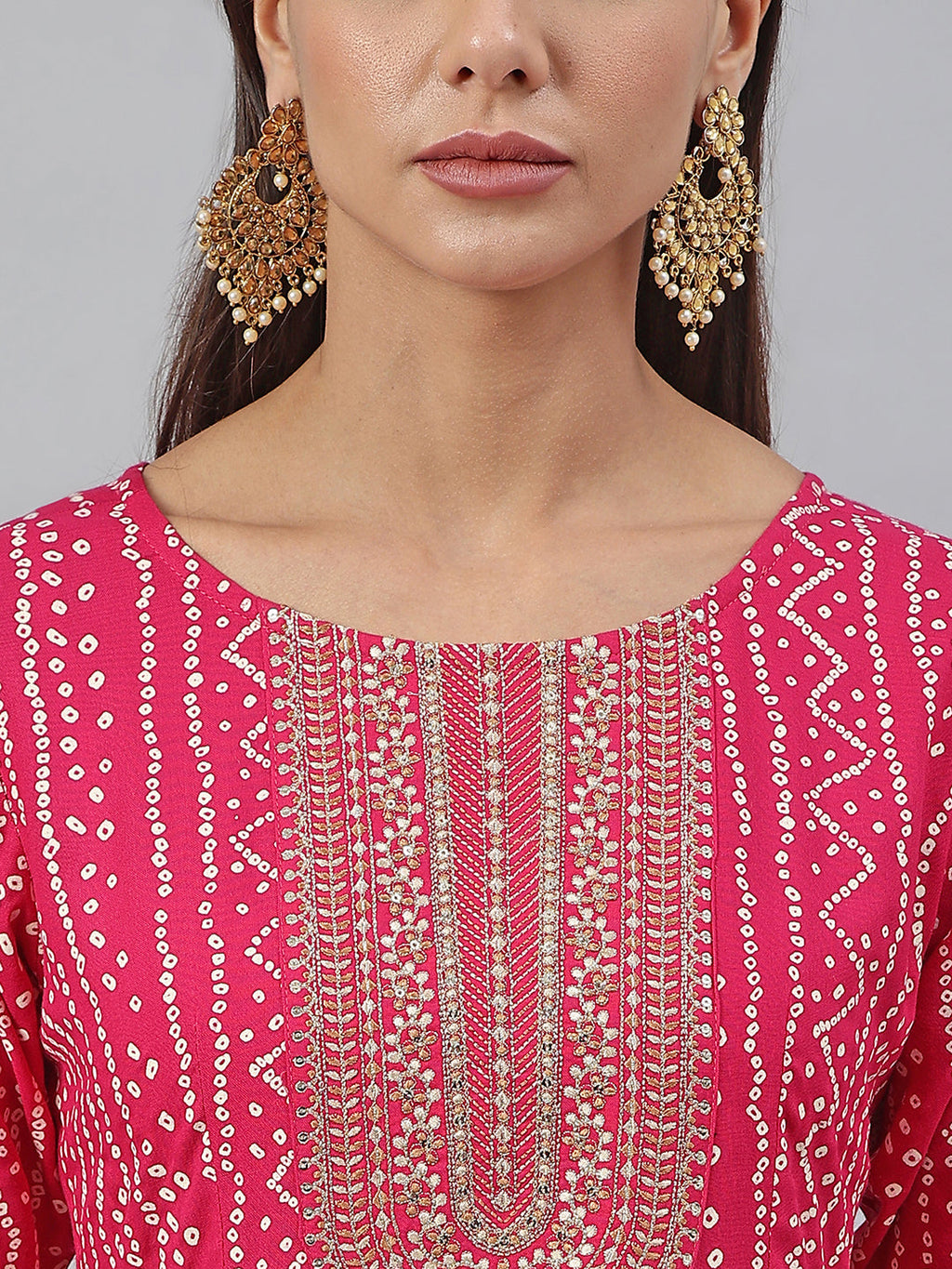 Janasya Women's Pink Rayon Bandhani Kurta With Pant And Dupatta