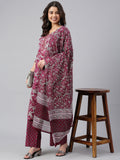 Janasya Women's Wine Cotton Floral Print Kurta With Palazzo And Dupatta