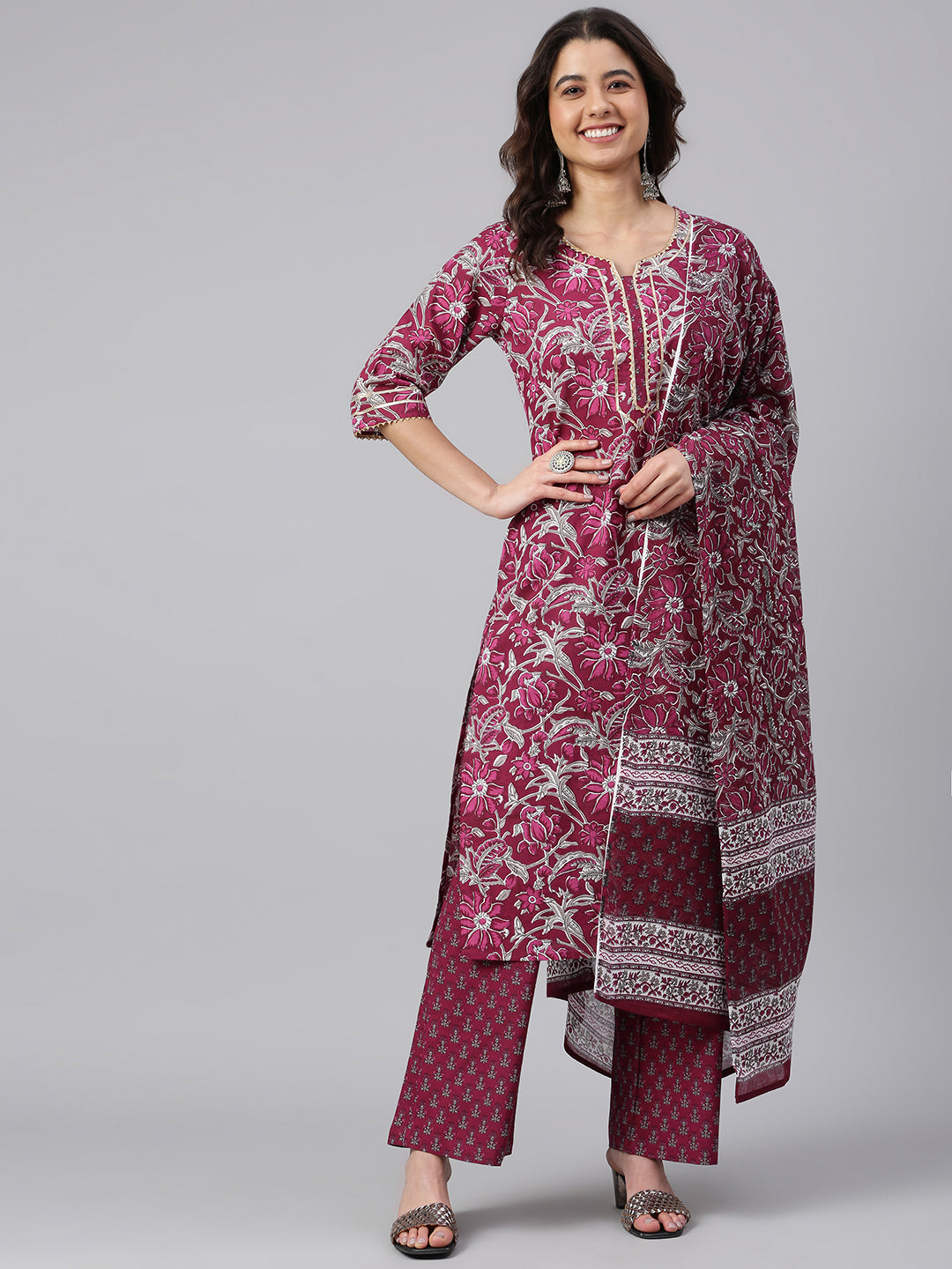 Janasya Women's Wine Cotton Floral Print Kurta With Palazzo And Dupatta