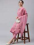 Janasya Women's Mauve Cotton Floral Print Kurta With Pant And Dupatta