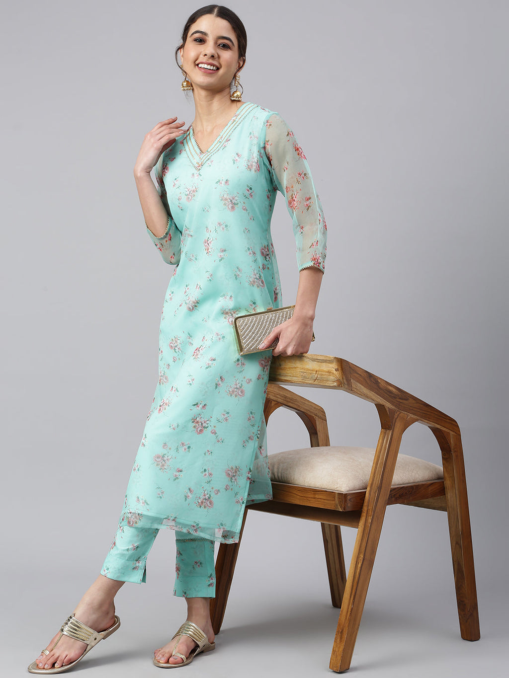 Janasya Women's Sea Green Organza Floral Print Kurta With Pant