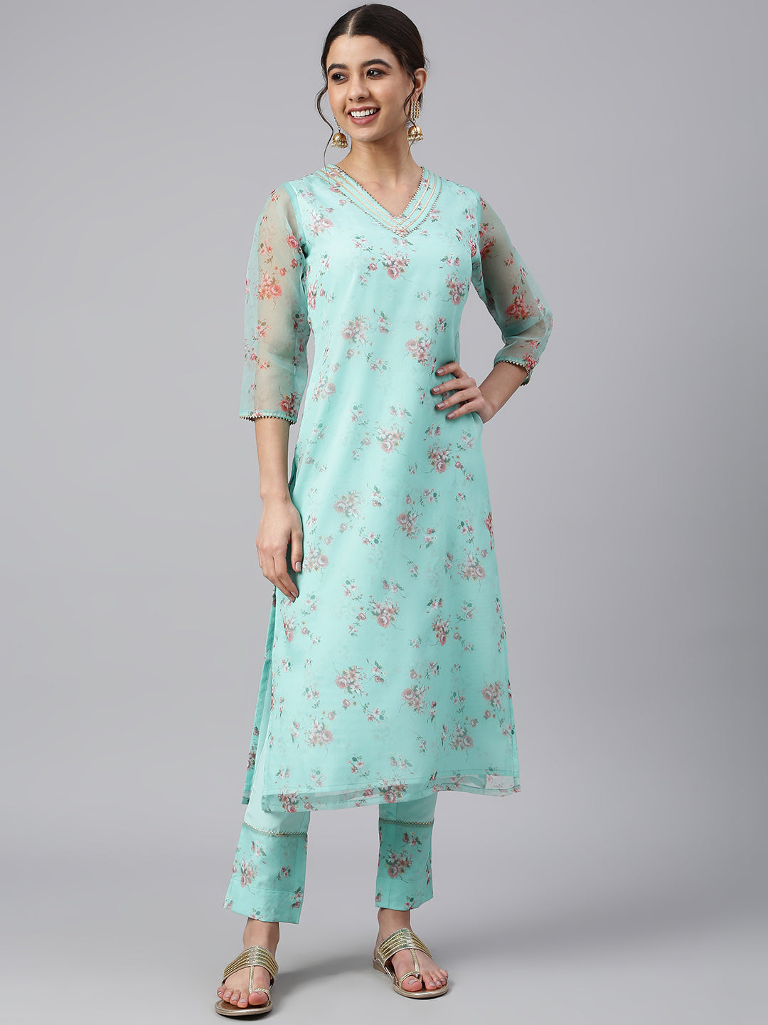 Janasya Women's Sea Green Organza Floral Print Kurta With Pant