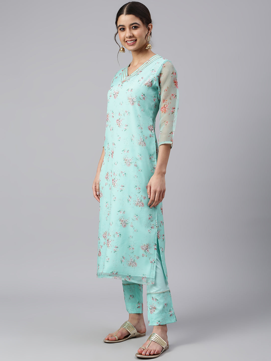 Janasya Women's Sea Green Organza Floral Print Kurta With Pant