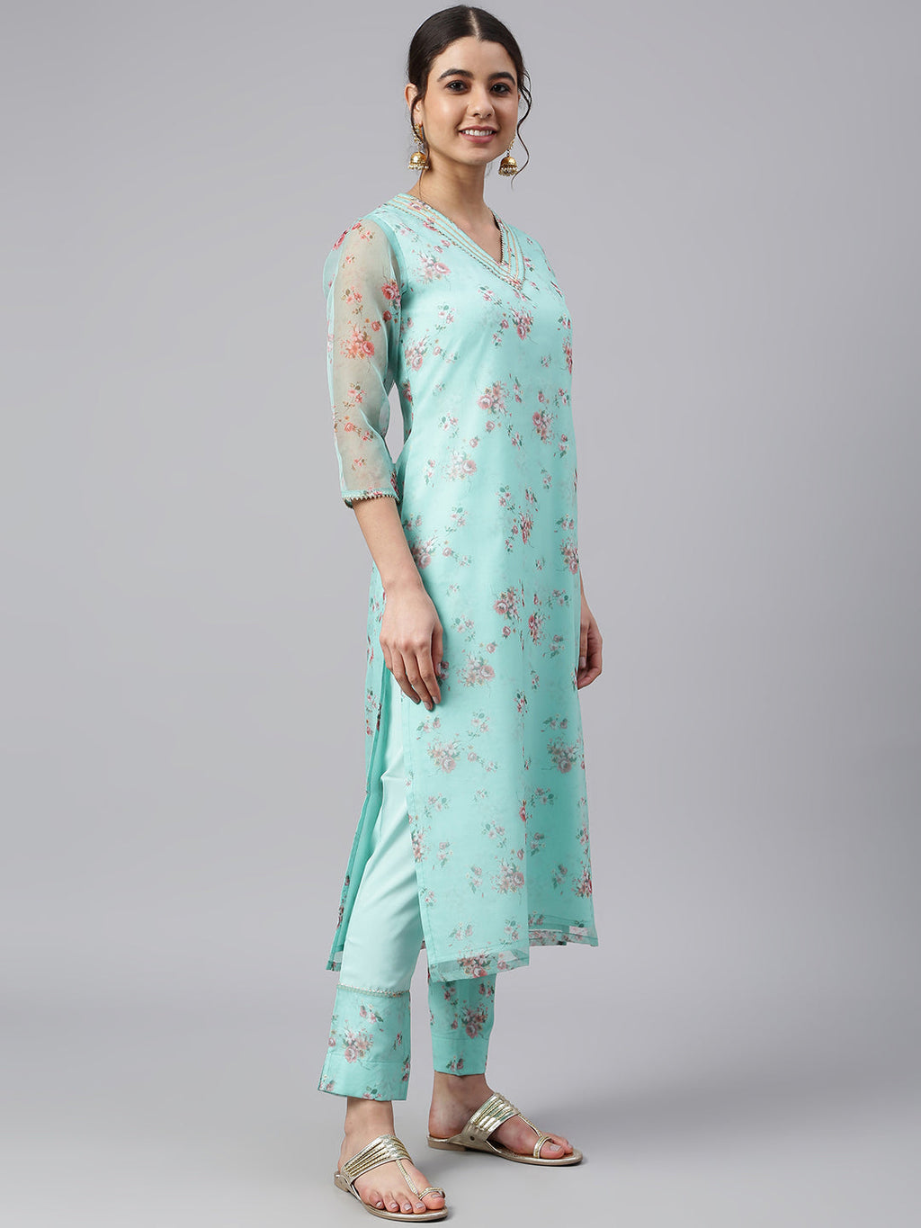 Janasya Women's Sea Green Organza Floral Print Kurta With Pant