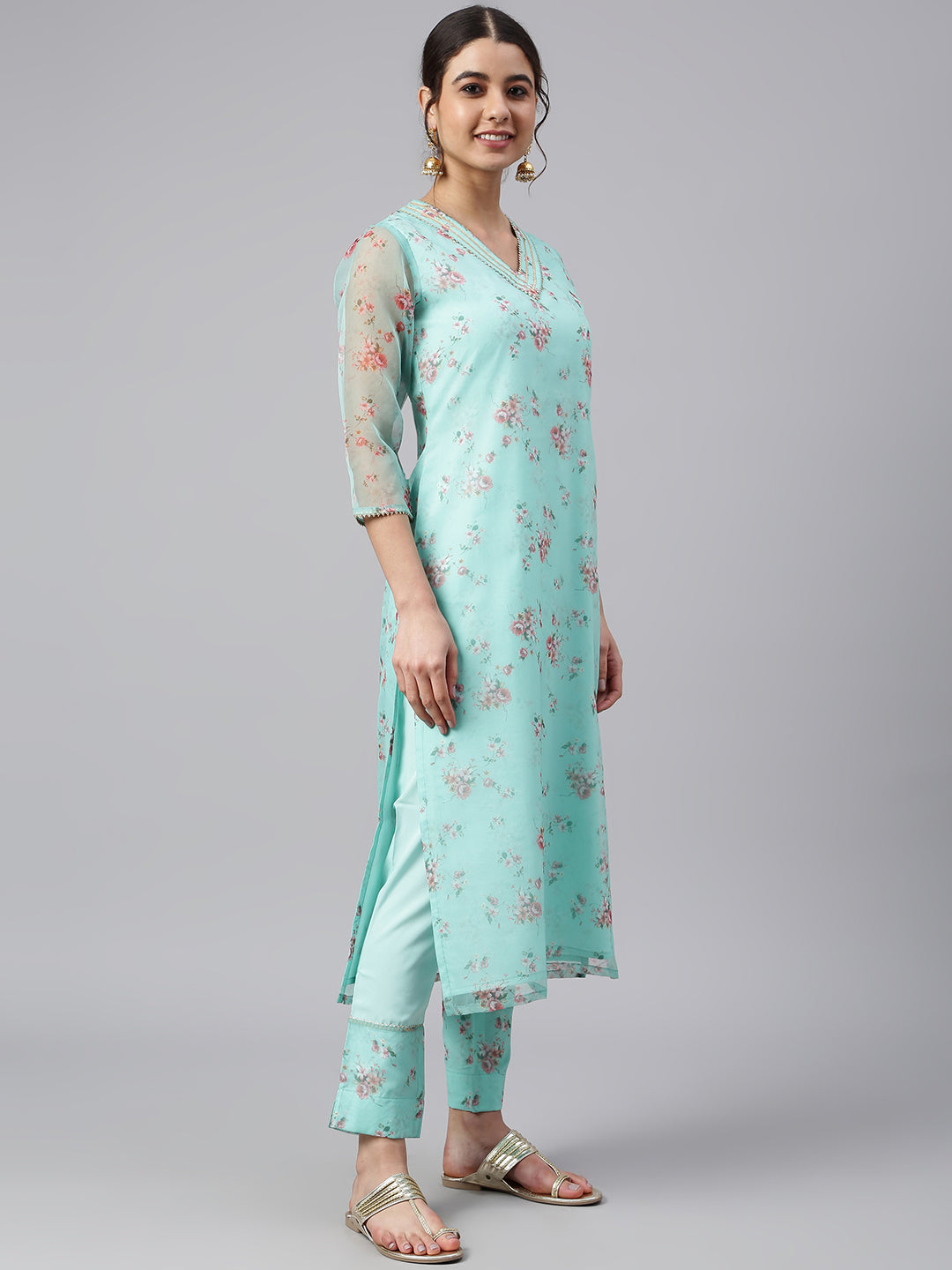 Janasya Women's Sea Green Organza Floral Print Kurta With Pant