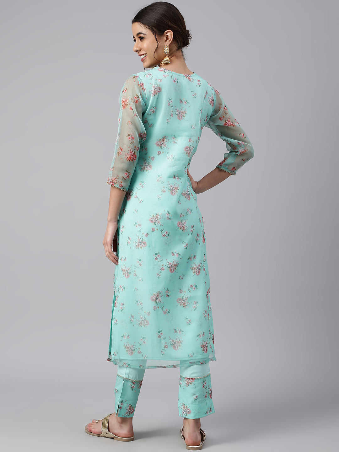 Janasya Women's Sea Green Organza Floral Print Kurta With Pant