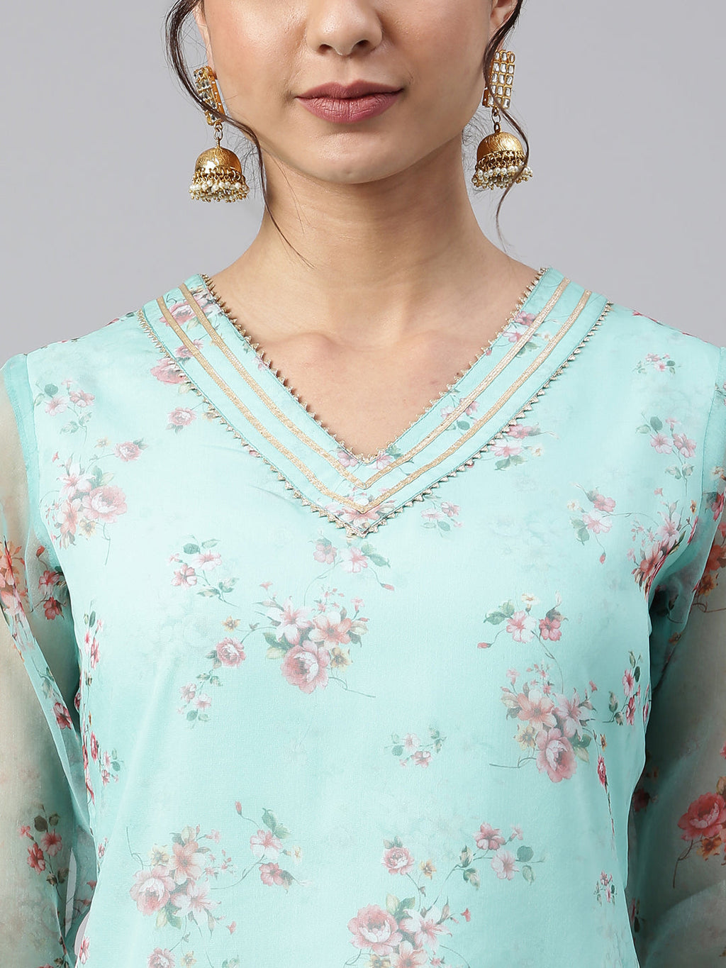 Janasya Women's Sea Green Organza Floral Print Kurta With Pant