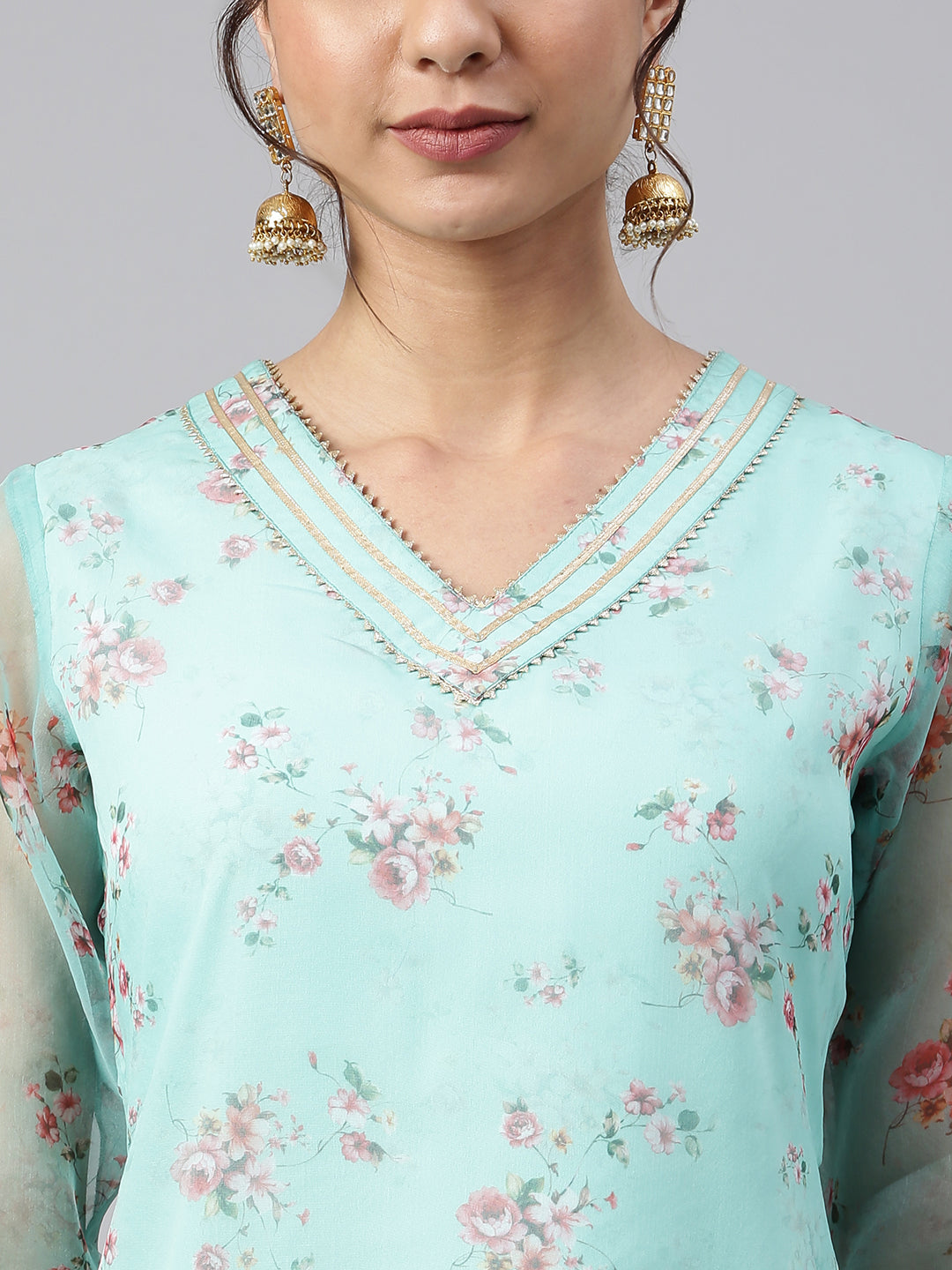 Janasya Women's Sea Green Organza Floral Print Kurta With Pant