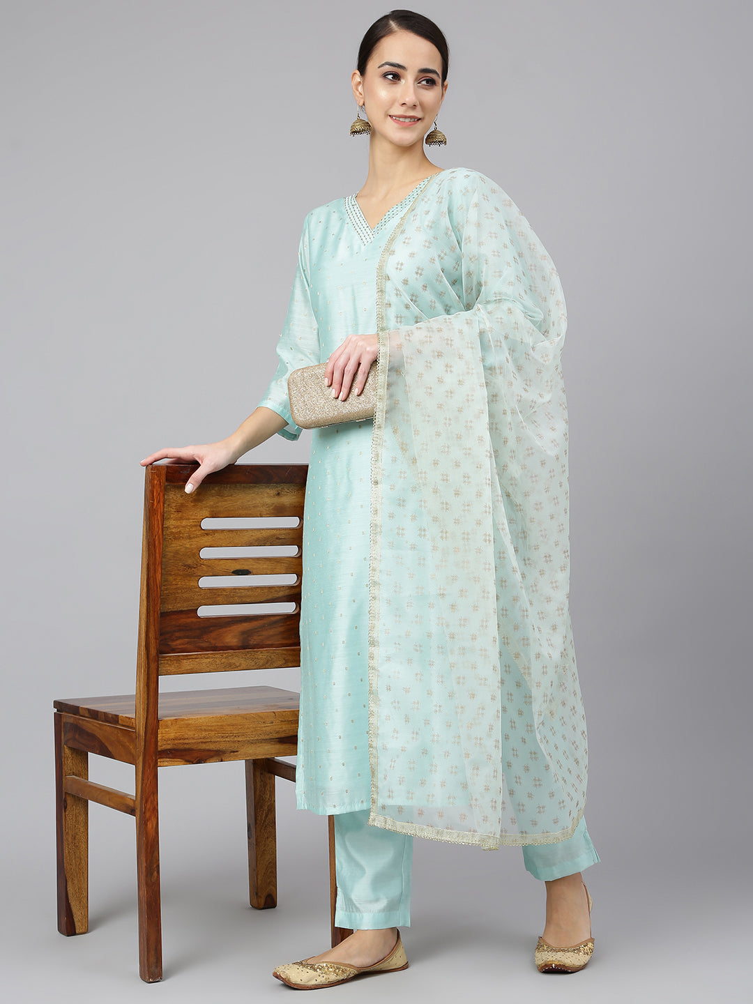 Janasya Women's Sea Green Chanderi Silk Embellished Kurta With Pant And Dupatta