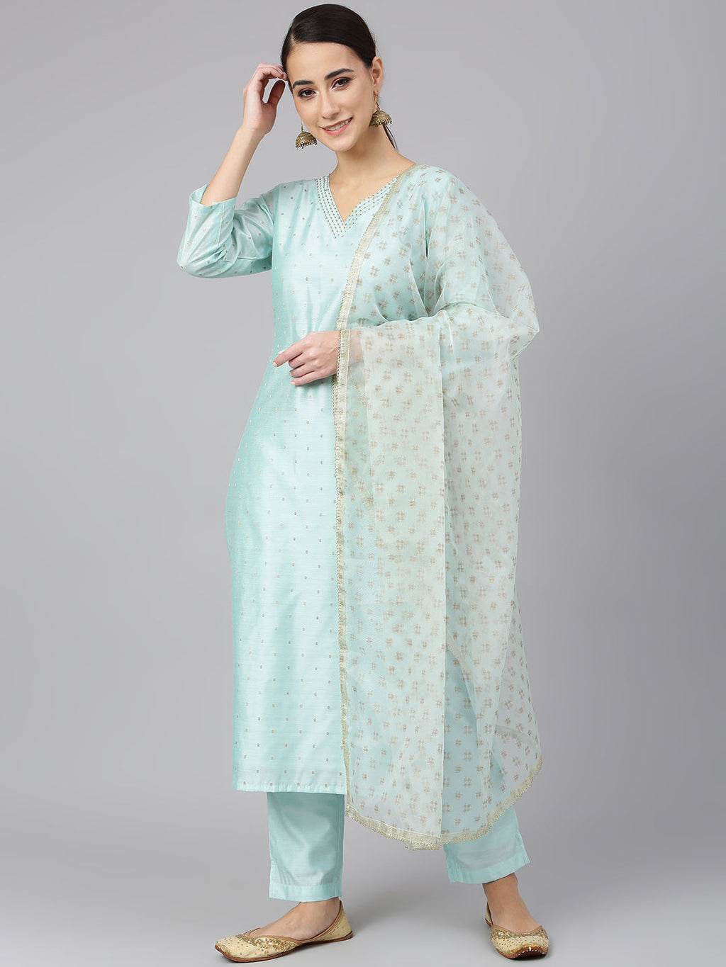 Janasya Women's Sea Green Chanderi Silk Embellished Kurta With Pant And Dupatta
