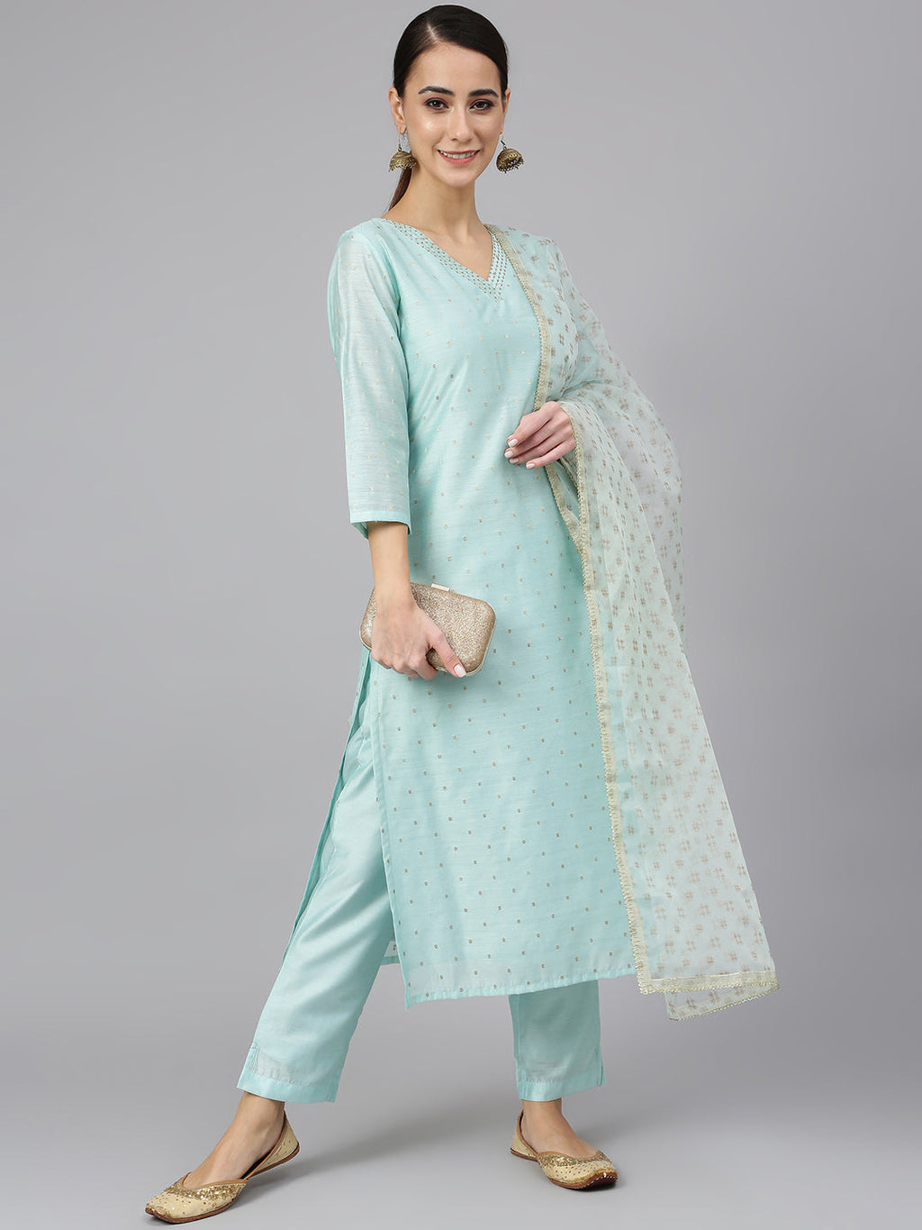 Janasya Women's Sea Green Chanderi Silk Embellished Kurta With Pant And Dupatta