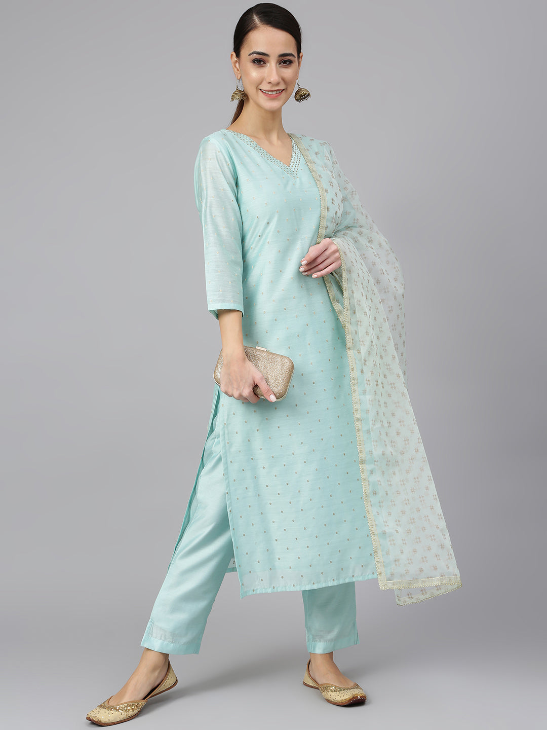Janasya Women's Sea Green Chanderi Silk Embellished Kurta With Pant And Dupatta