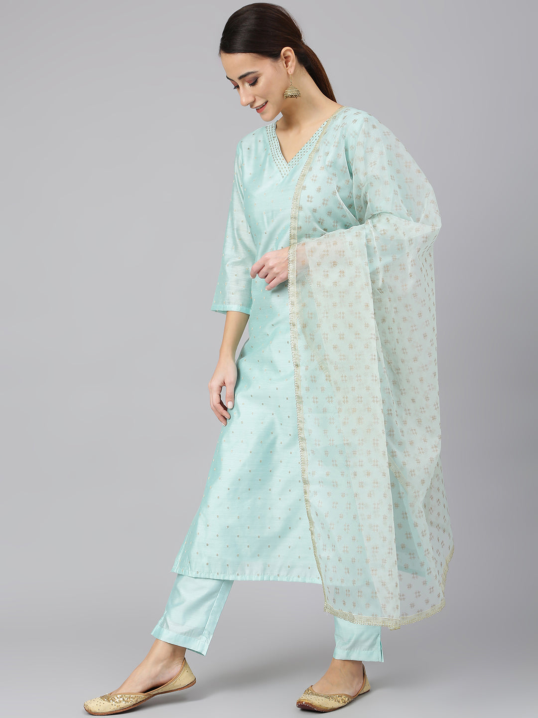 Janasya Women's Sea Green Chanderi Silk Embellished Kurta With Pant And Dupatta