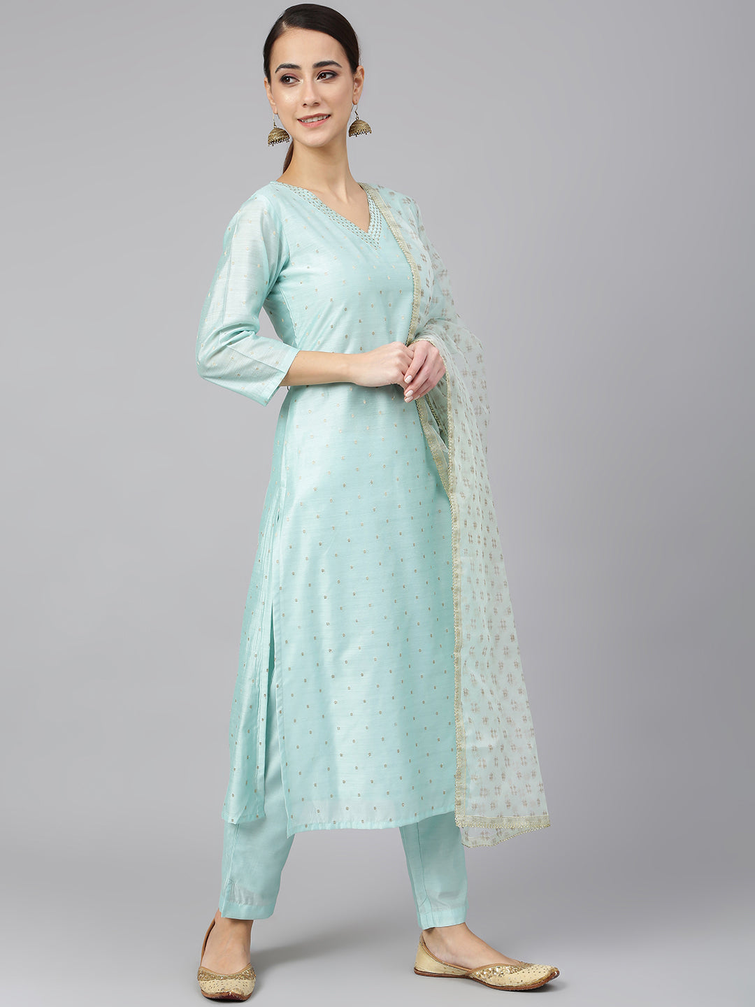 Janasya Women's Sea Green Chanderi Silk Embellished Kurta With Pant And Dupatta