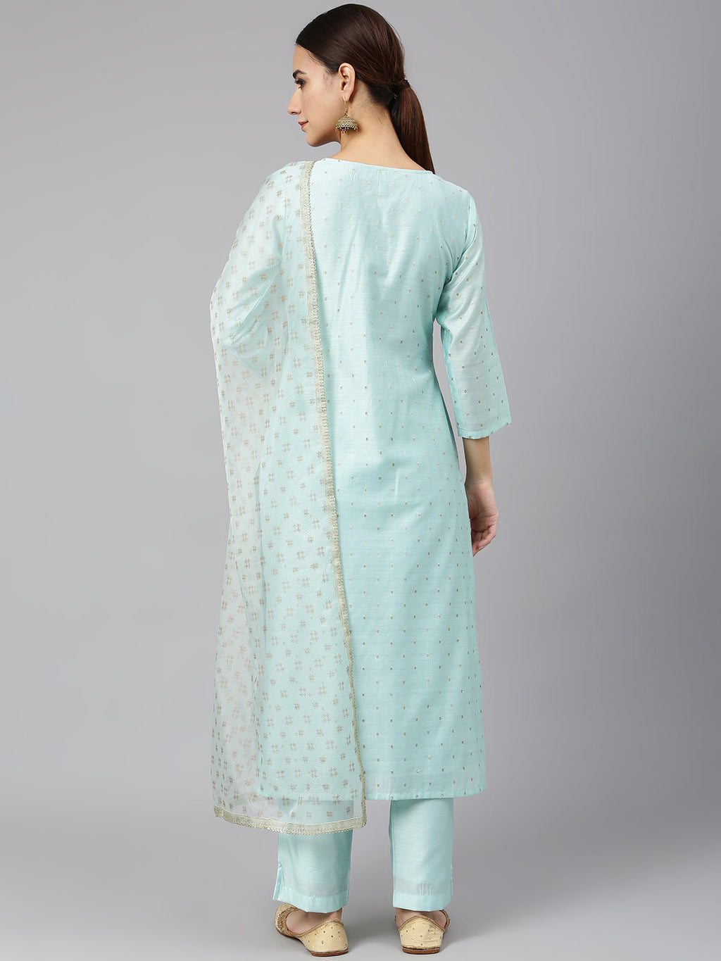Janasya Women's Sea Green Chanderi Silk Embellished Kurta With Pant And Dupatta