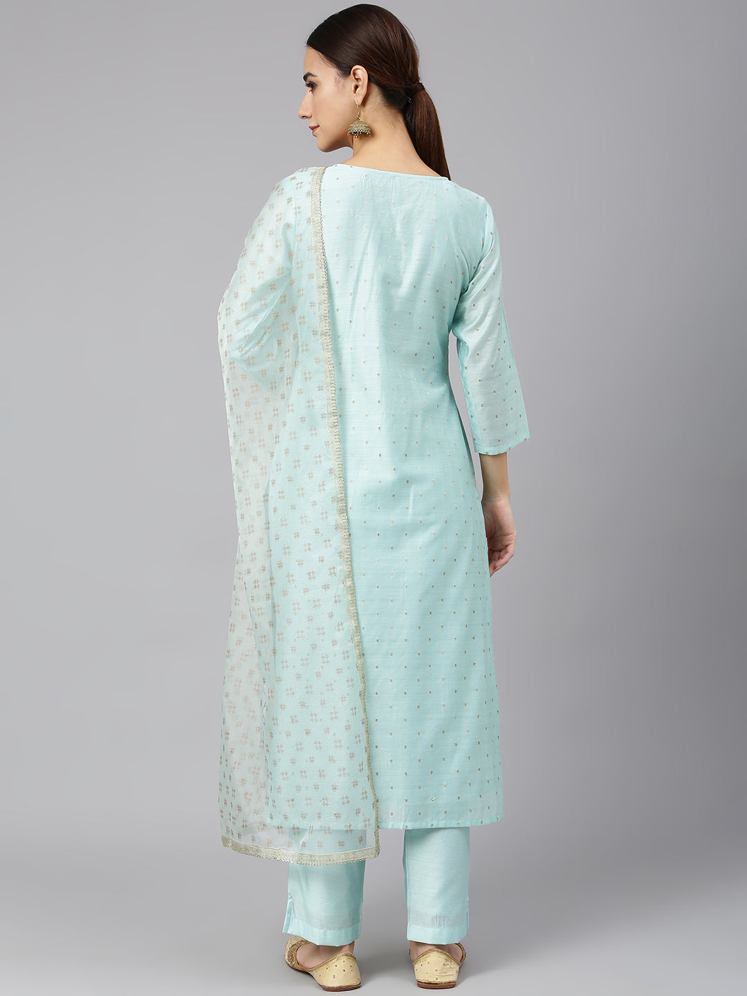 Janasya Women's Sea Green Chanderi Silk Embellished Kurta With Pant And Dupatta