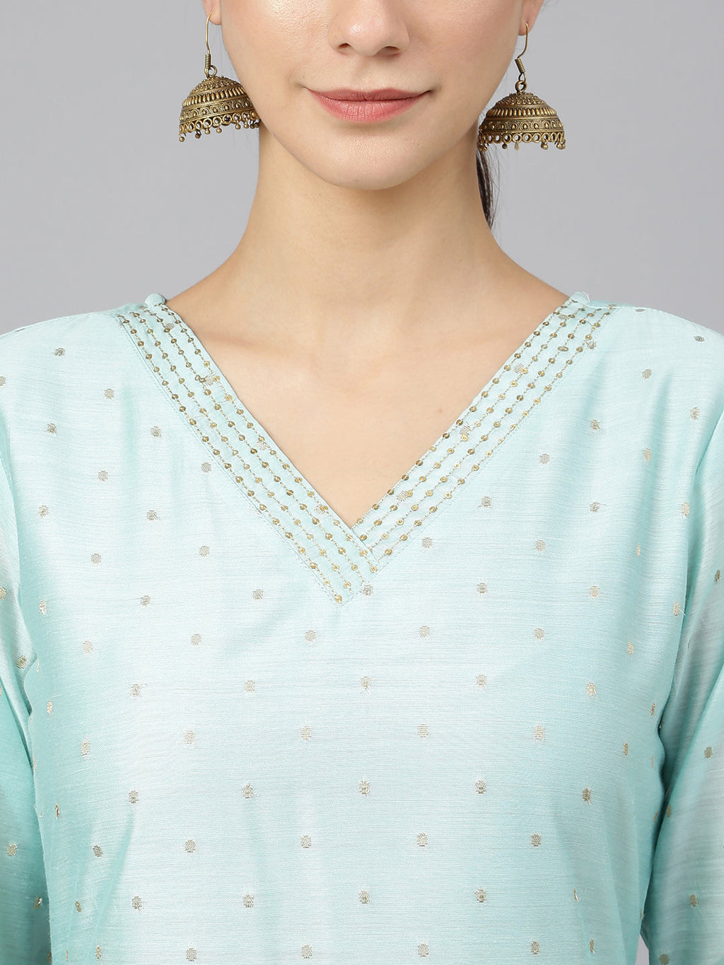 Janasya Women's Sea Green Chanderi Silk Embellished Kurta With Pant And Dupatta