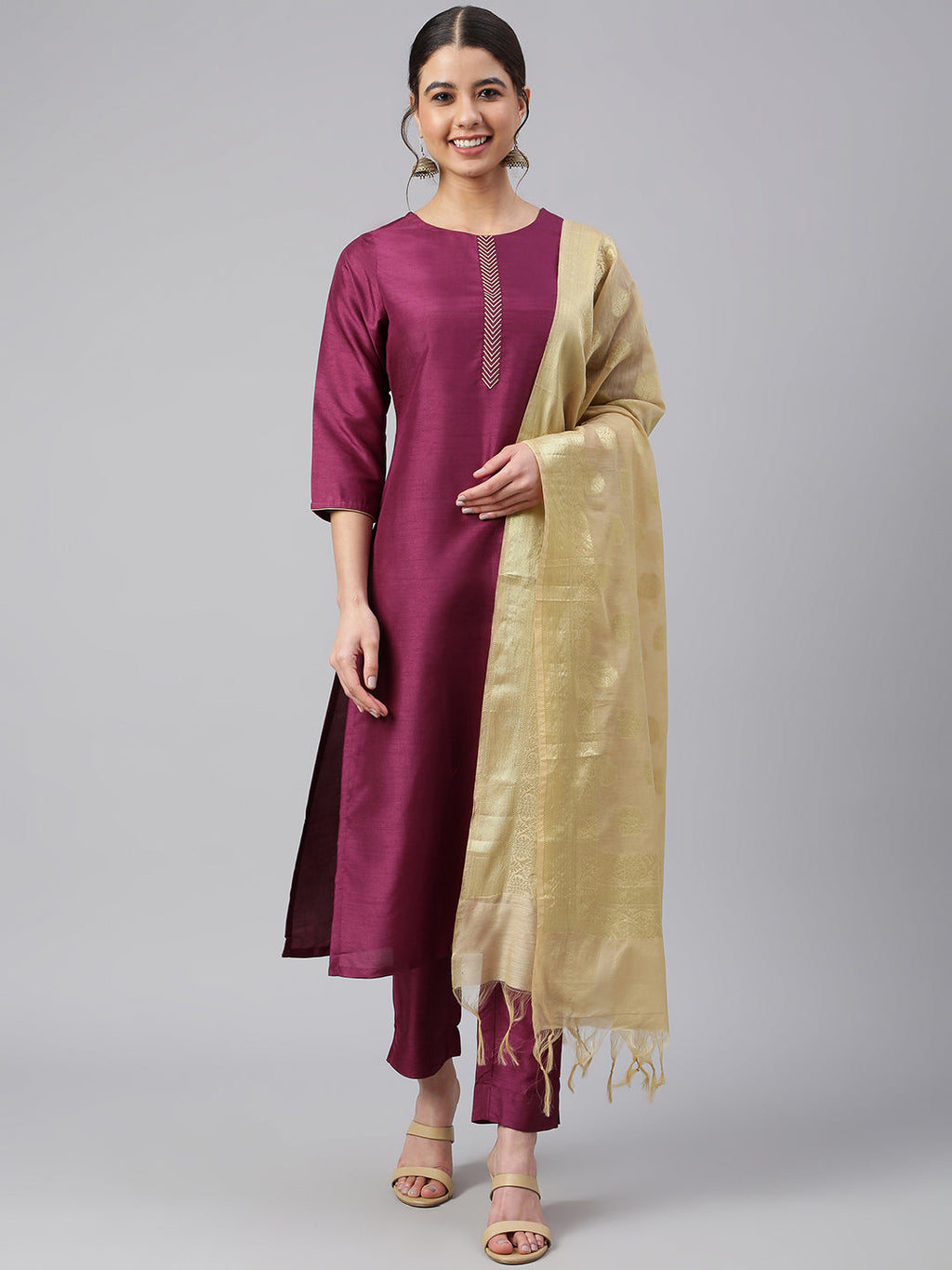 Janasya Women's Wine Poly Silk Embellished Kurta With Pant And Dupatta