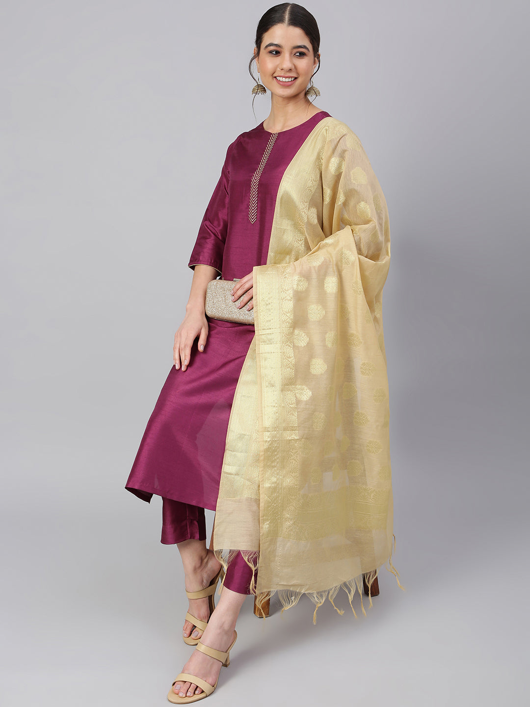 Janasya Women's Wine Poly Silk Embellished Kurta With Pant And Dupatta