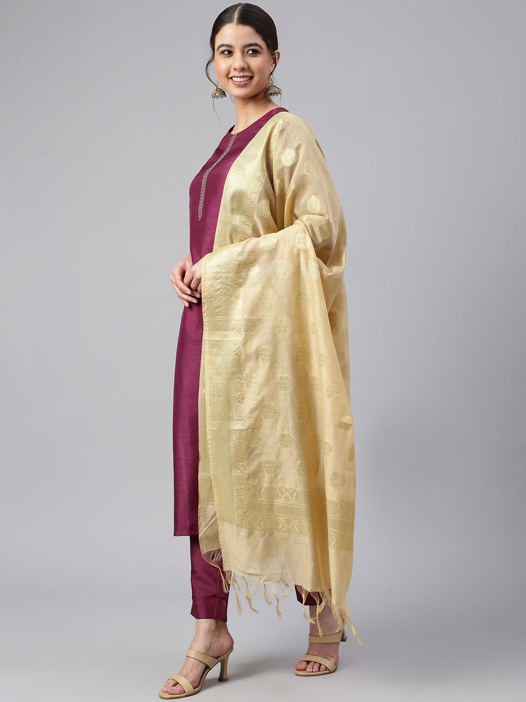 Janasya Women's Wine Poly Silk Embellished Kurta With Pant And Dupatta