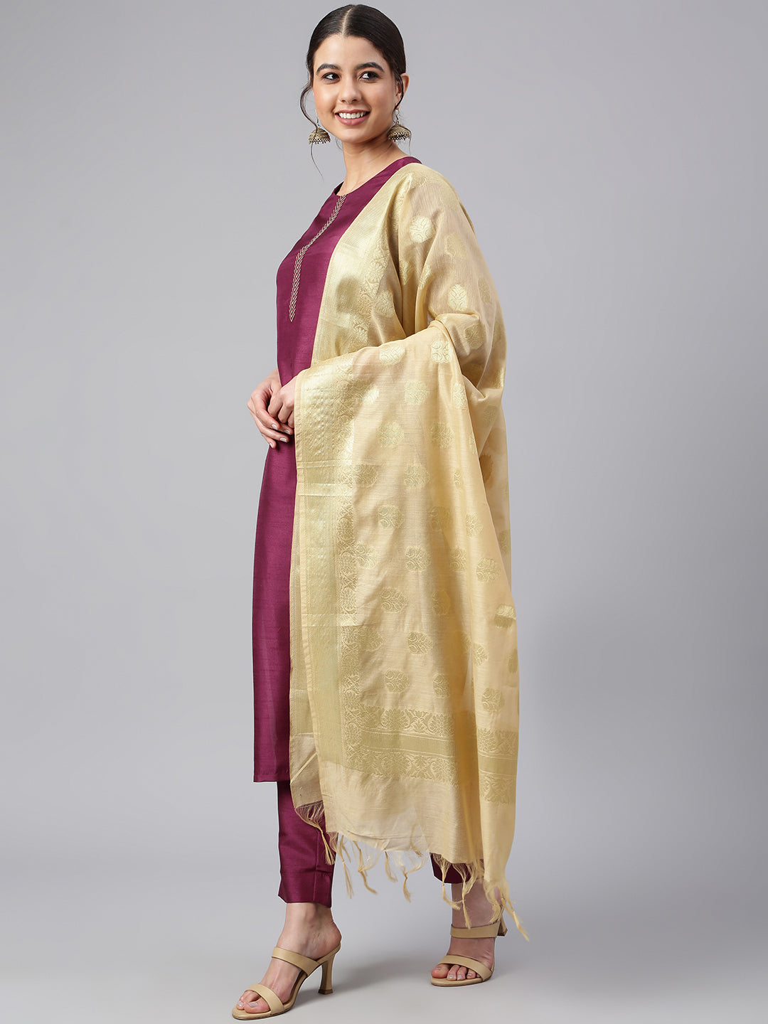 Janasya Women's Wine Poly Silk Embellished Kurta With Pant And Dupatta