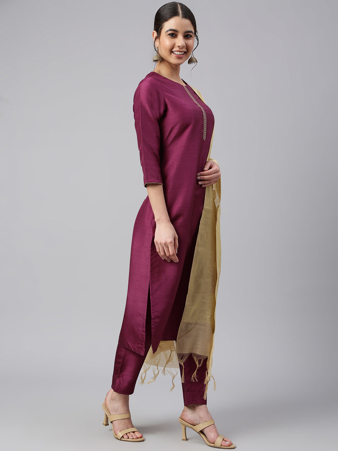 Janasya Women's Wine Poly Silk Embellished Kurta With Pant And Dupatta