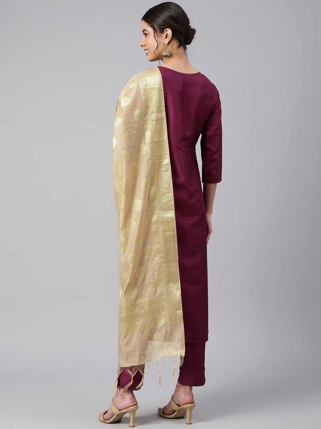Janasya Women's Wine Poly Silk Embellished Kurta With Pant And Dupatta