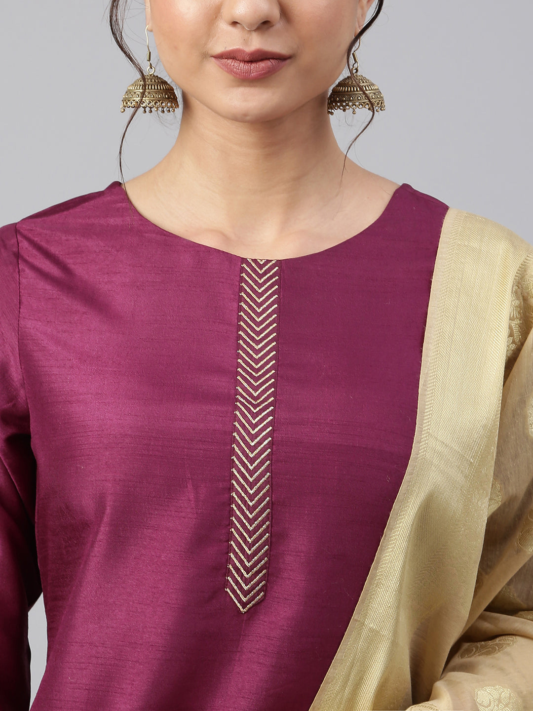 Janasya Women's Wine Poly Silk Embellished Kurta With Pant And Dupatta