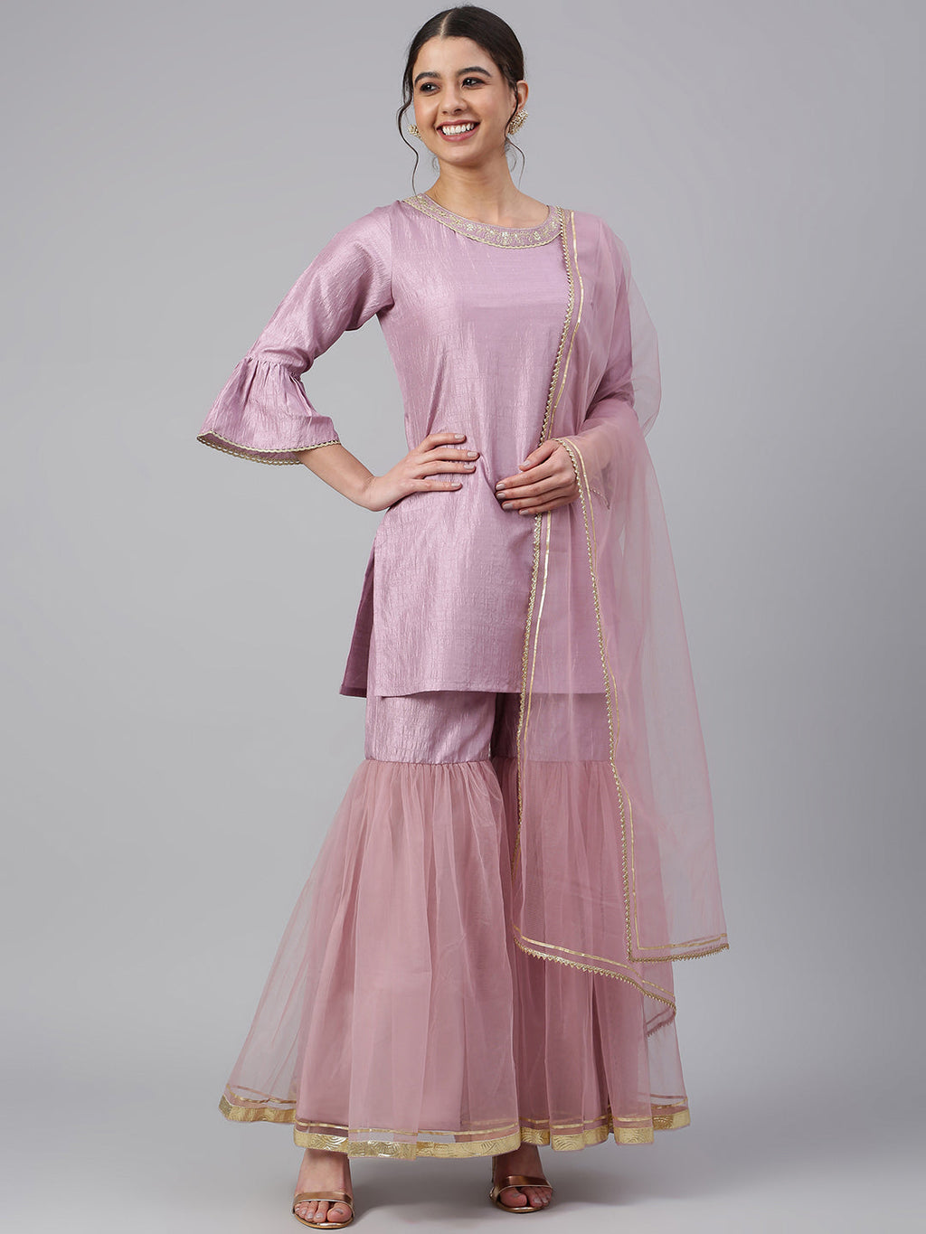 Janasya Women's Mauve Poly Silk Solid Kurta With Gharara And Dupatta