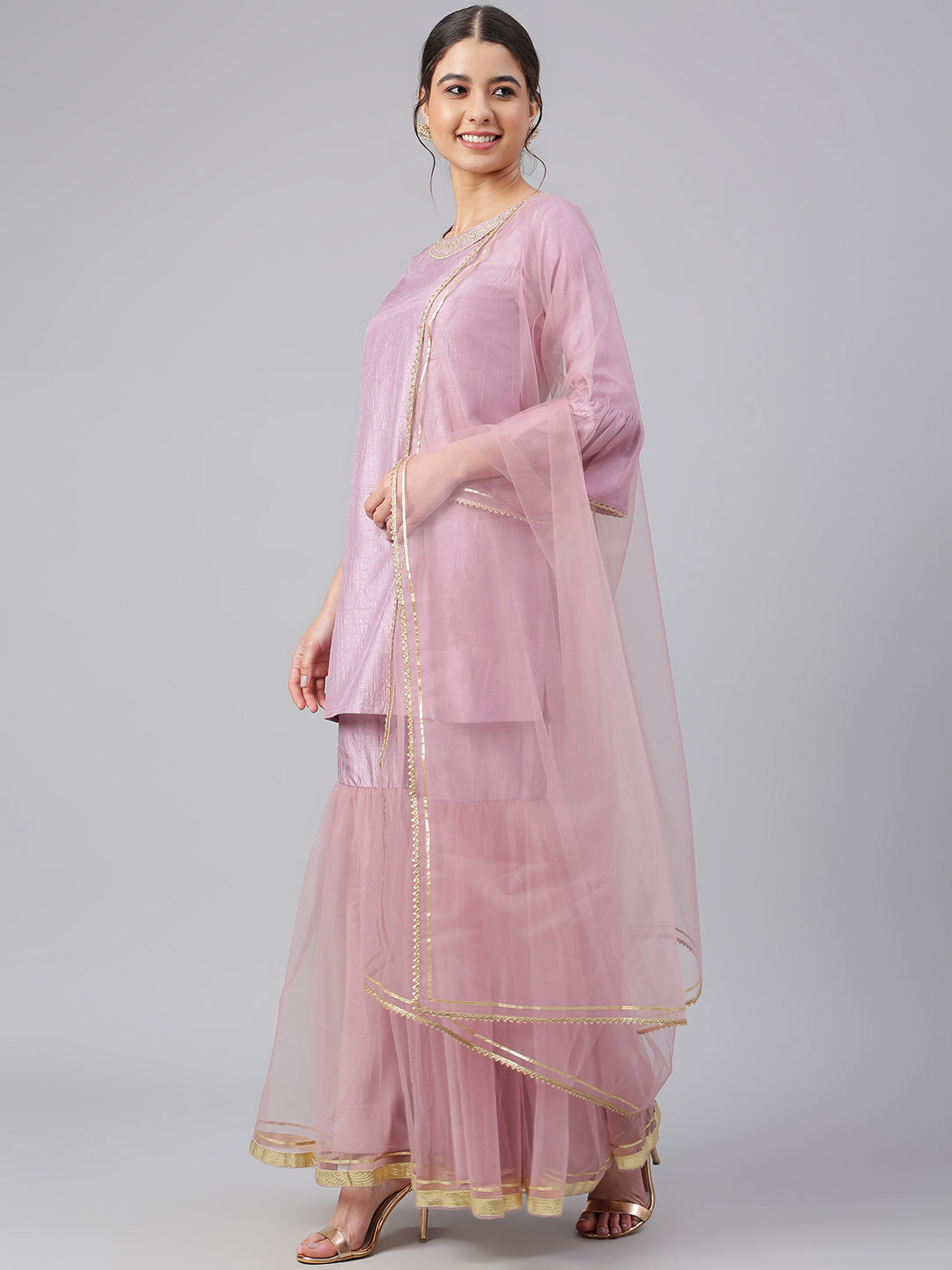 Janasya Women's Mauve Poly Silk Solid Kurta With Gharara And Dupatta