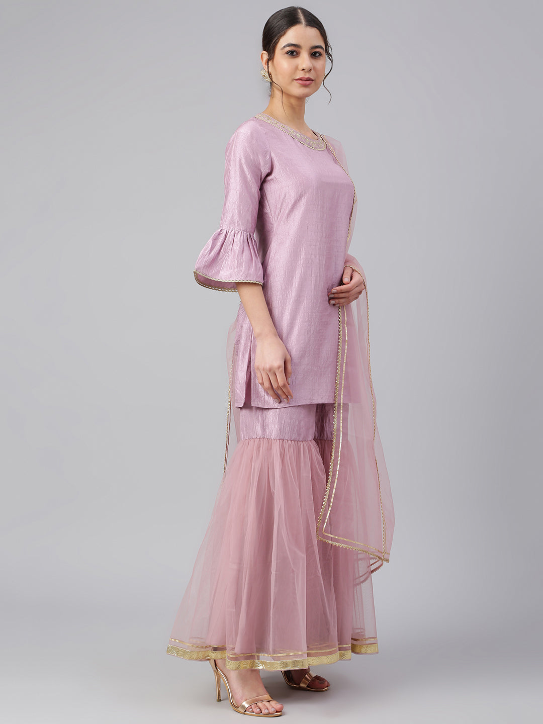 Janasya Women's Mauve Poly Silk Solid Kurta With Gharara And Dupatta