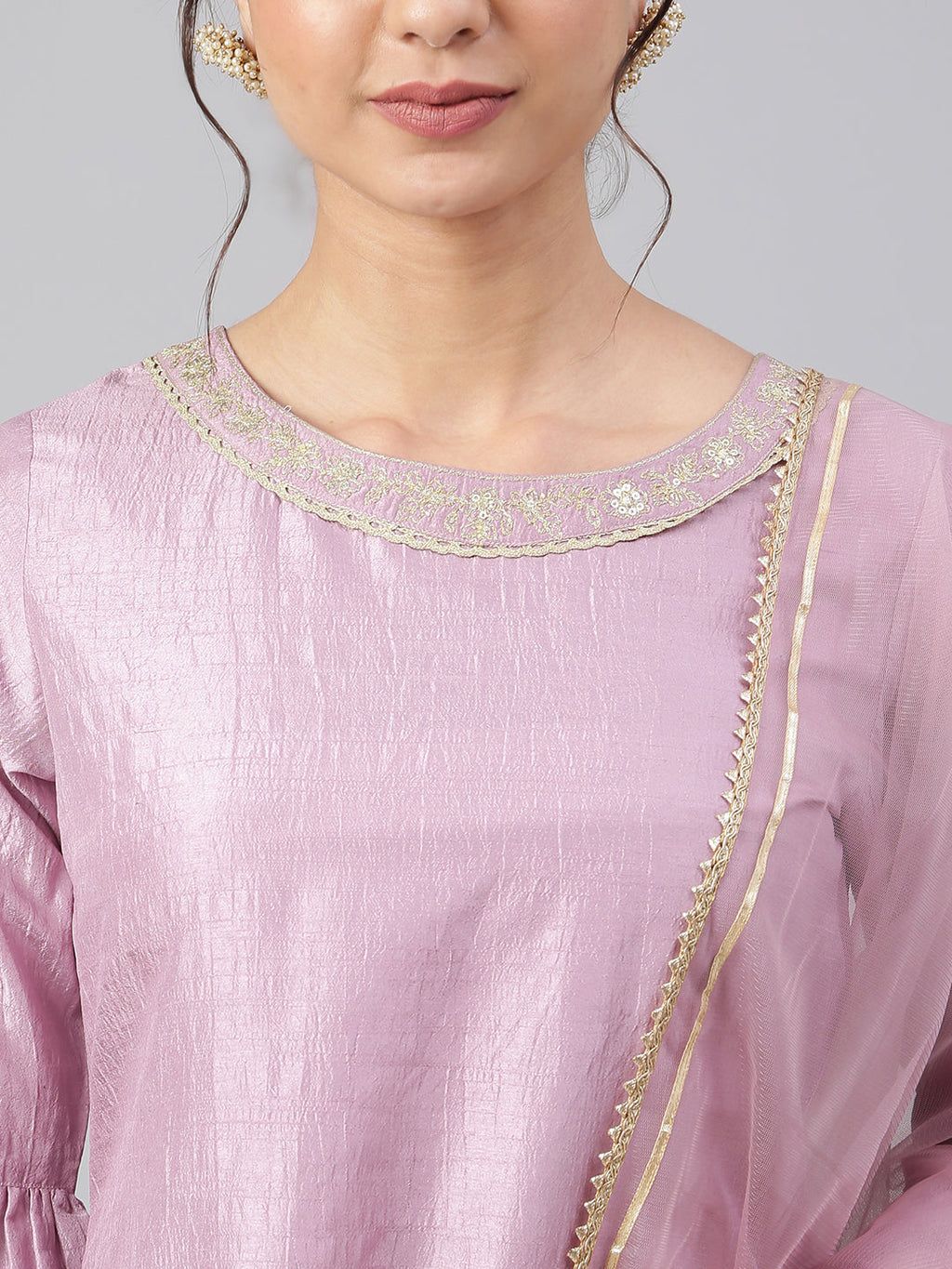 Janasya Women's Mauve Poly Silk Solid Kurta With Gharara And Dupatta