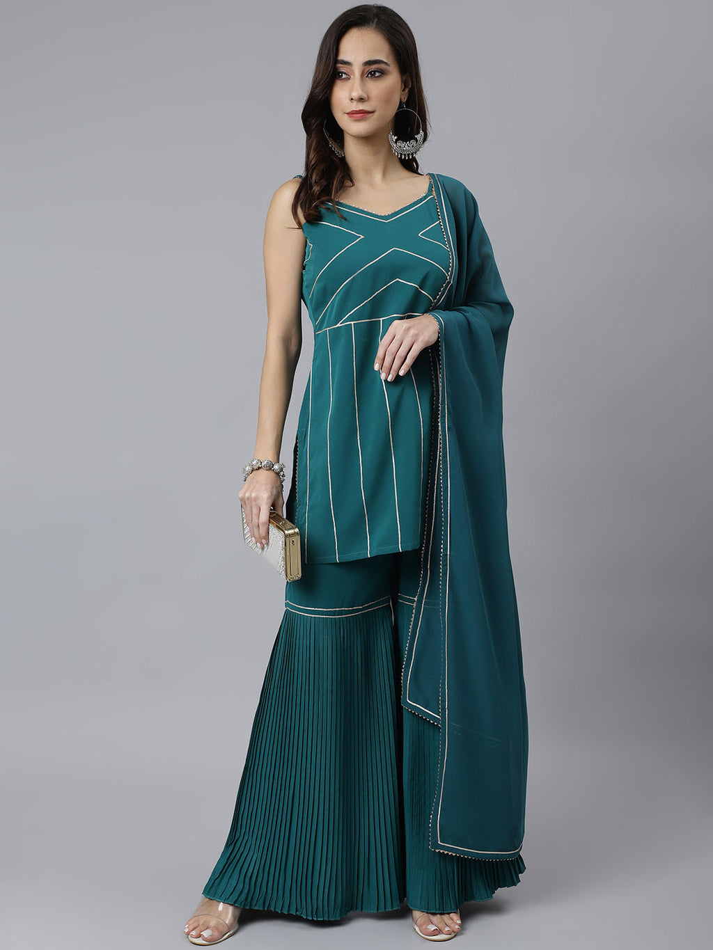 Janasya Women's Teal Green Crepe Gotta Lace Kurta With Sharara And Dupatta