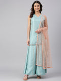 Janasya Women's Sea Green Poly Silk Embroidered Kurta With Sharara And Dupatta