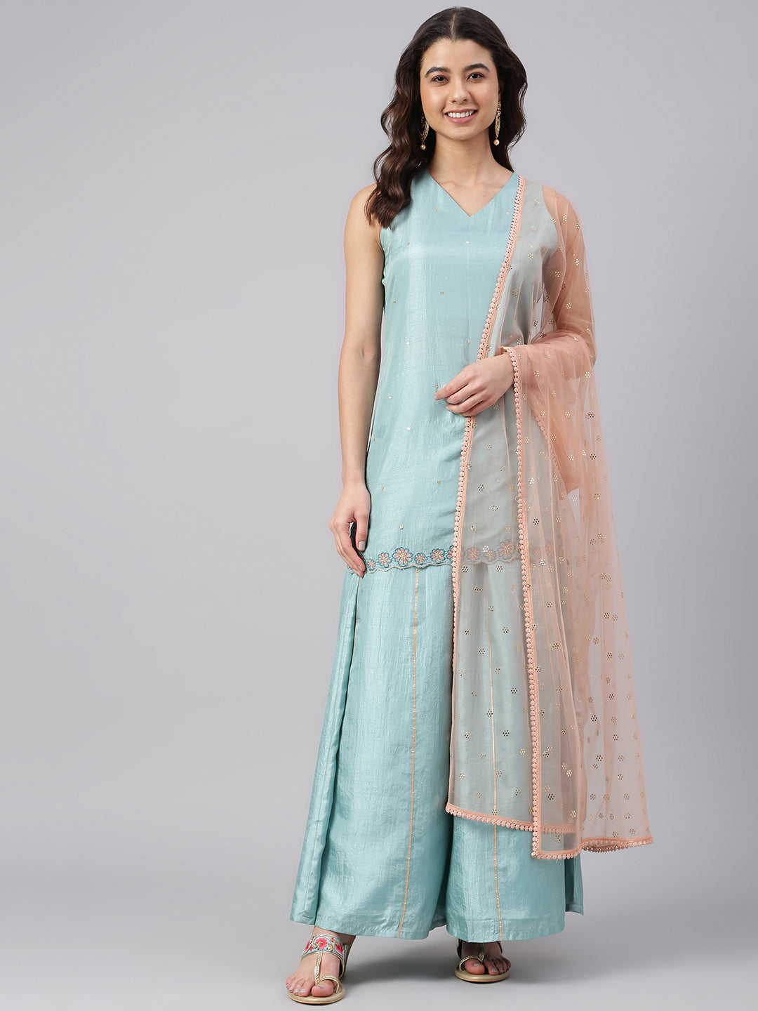 Janasya Women's Sea Green Poly Silk Embroidered Kurta With Sharara And Dupatta
