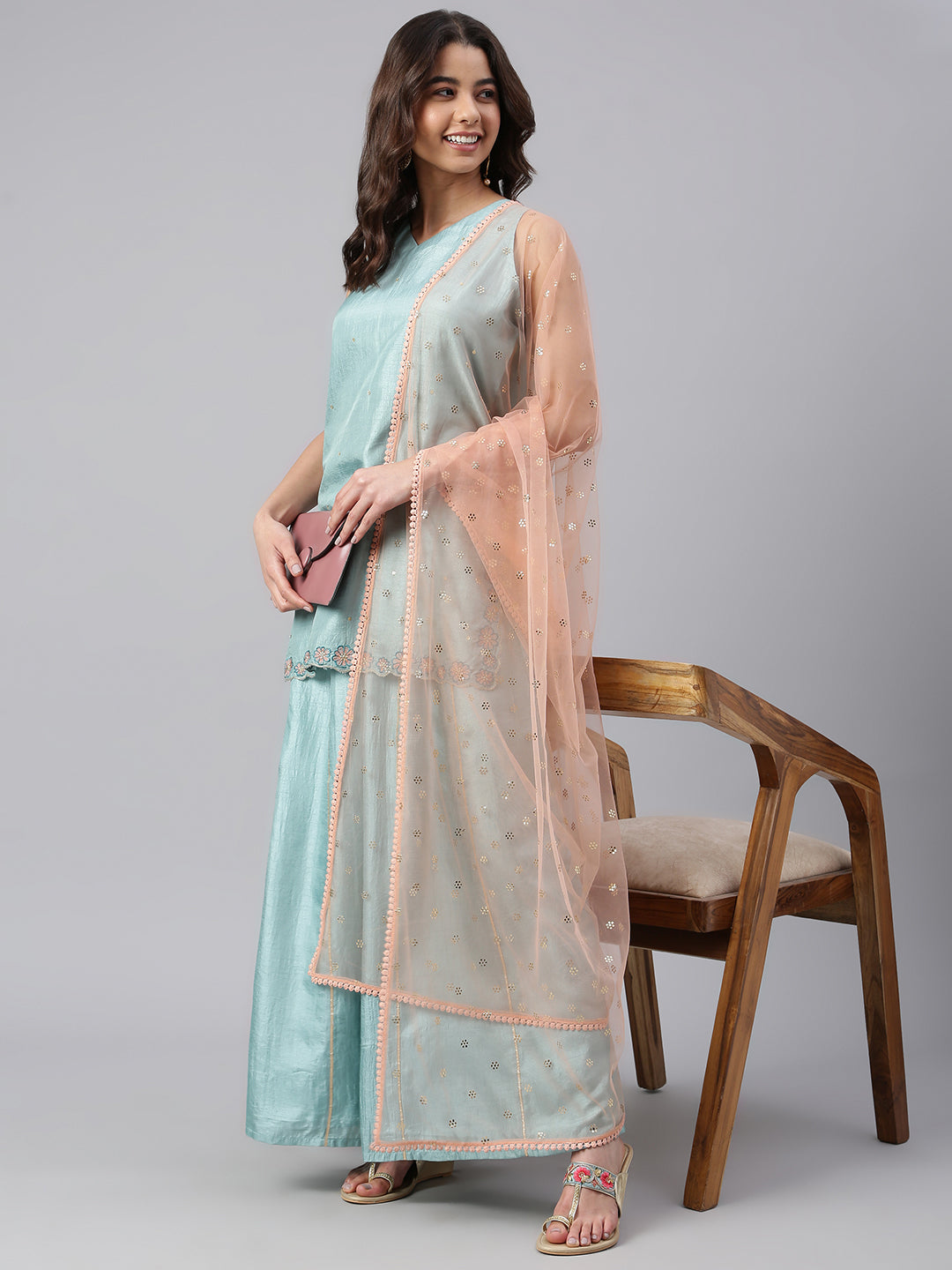 Janasya Women's Sea Green Poly Silk Embroidered Kurta With Sharara And Dupatta