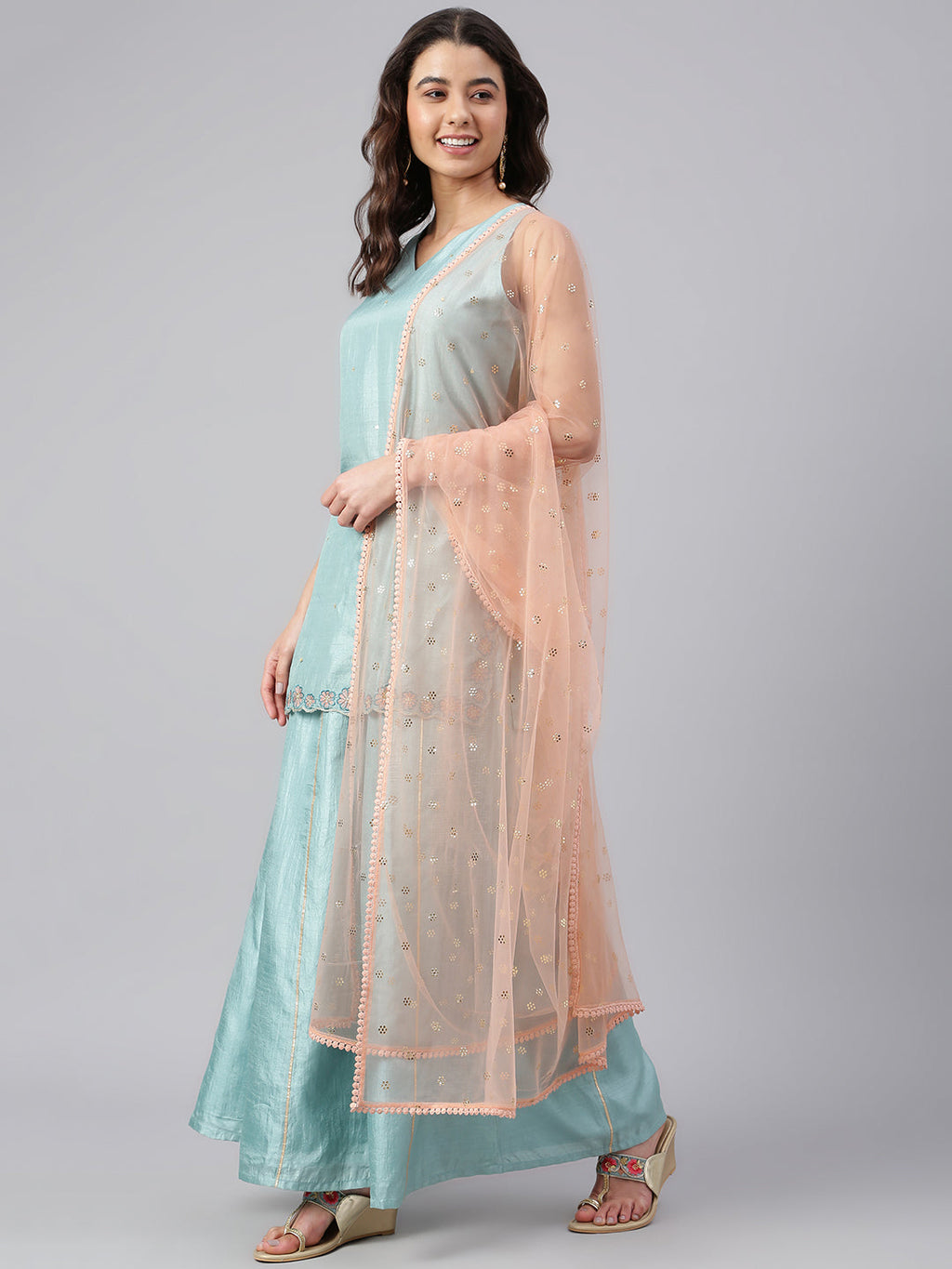 Janasya Women's Sea Green Poly Silk Embroidered Kurta With Sharara And Dupatta