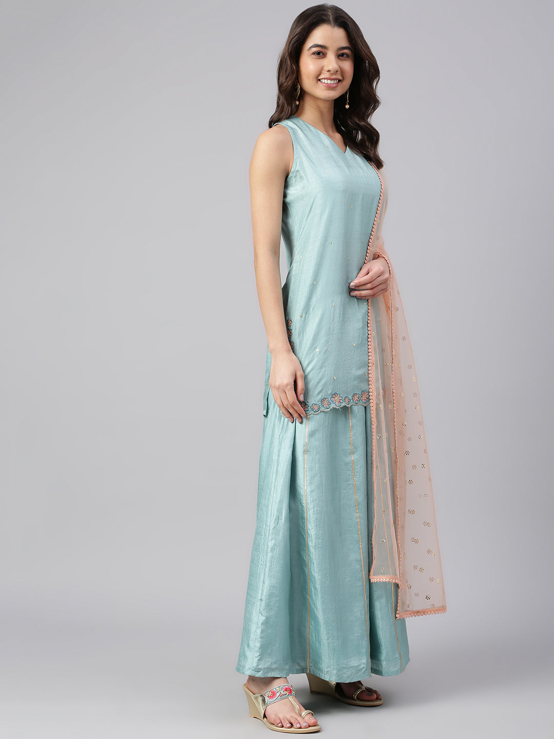 Janasya Women's Sea Green Poly Silk Embroidered Kurta With Sharara And Dupatta