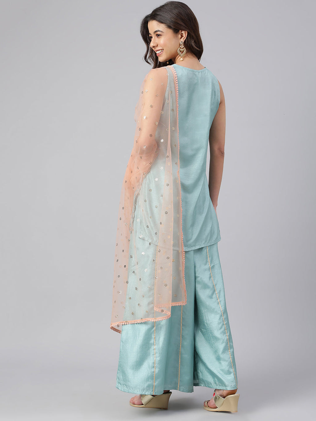 Janasya Women's Sea Green Poly Silk Embroidered Kurta With Sharara And Dupatta