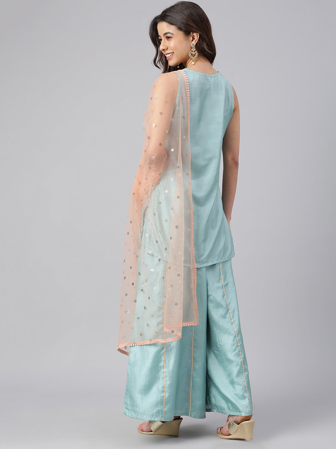 Janasya Women's Sea Green Poly Silk Embroidered Kurta With Sharara And Dupatta