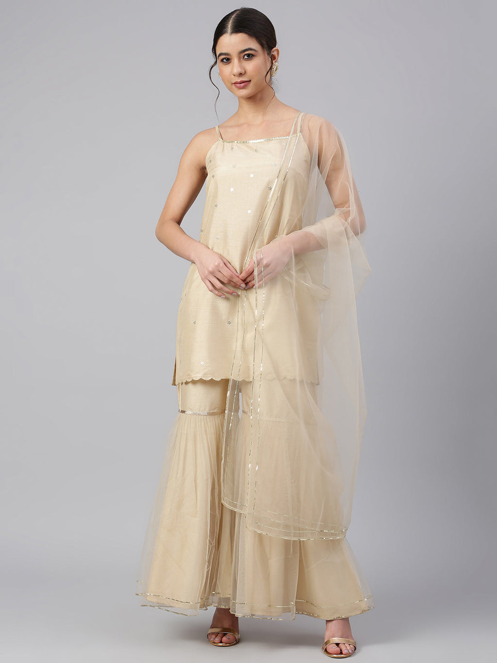 Janasya Women's Beige Poly Silk Embellished Kurta With Gharara And Dupatta