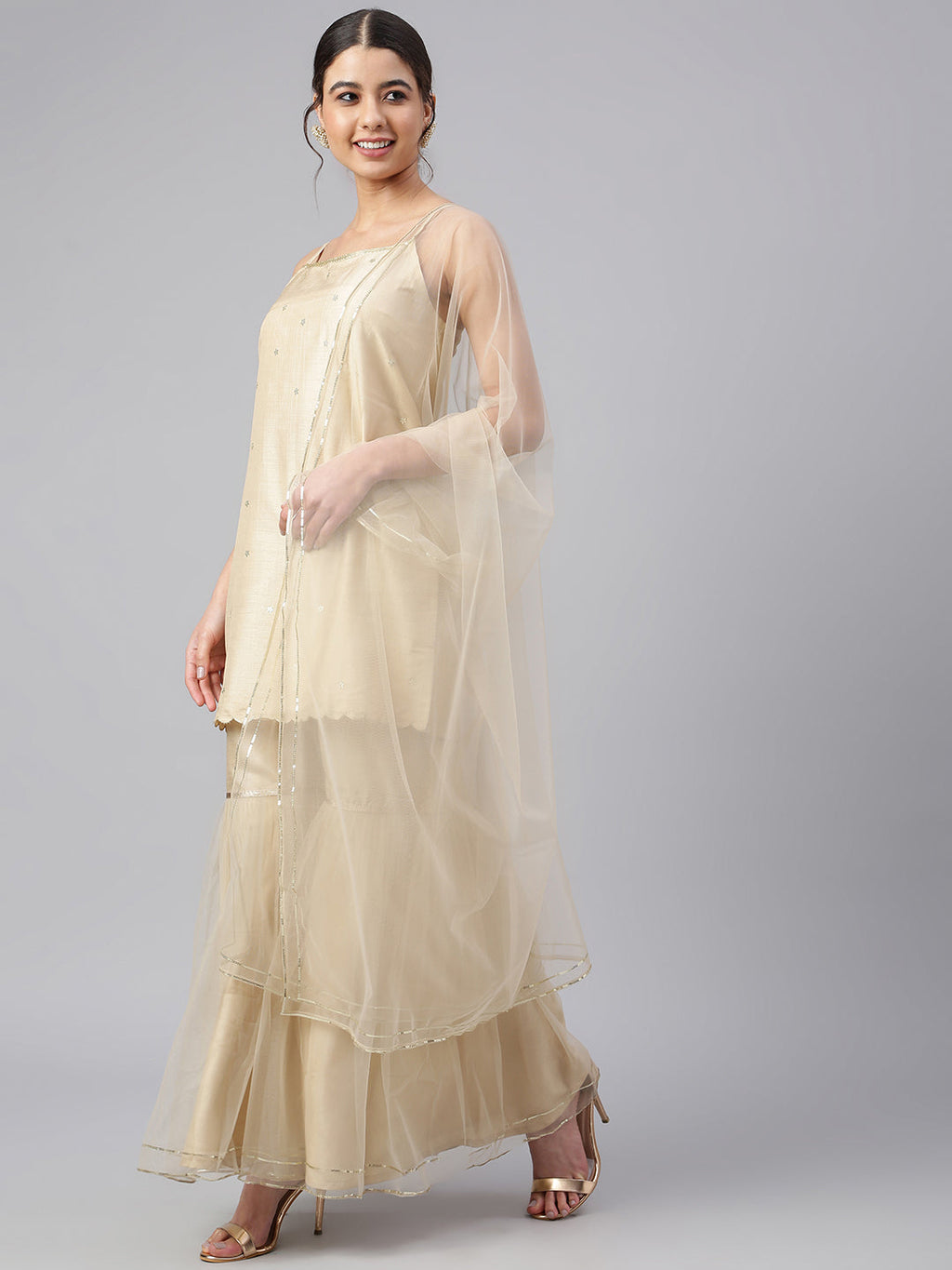 Janasya Women's Beige Poly Silk Embellished Kurta With Gharara And Dupatta