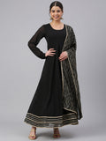 Janasya Women's Black Georgette Solid Kurta With Dupatta