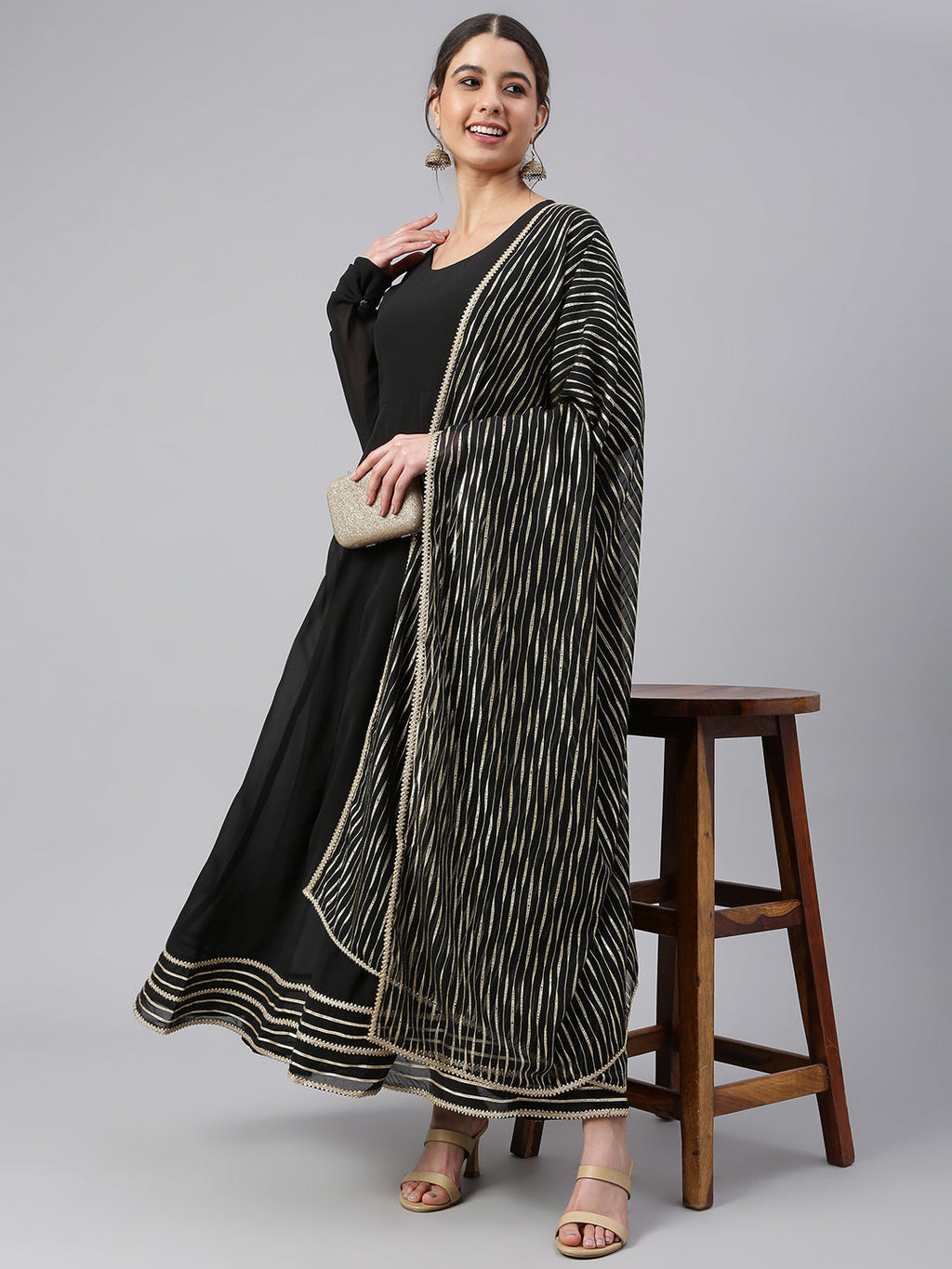 Janasya Women's Black Georgette Solid Kurta With Dupatta