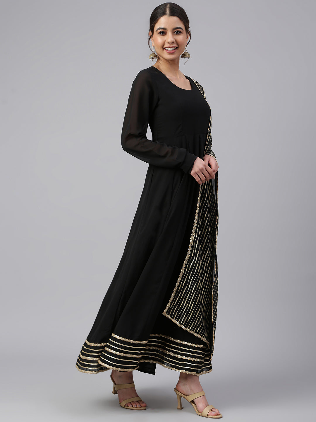 Janasya Women's Black Georgette Solid Kurta With Dupatta