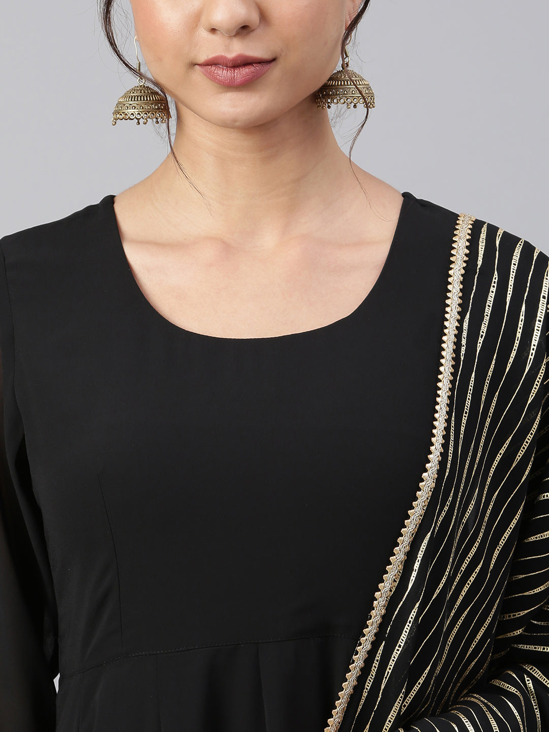 Janasya Women's Black Georgette Solid Kurta With Dupatta
