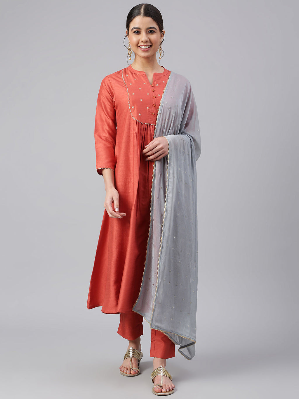 Janasya Women's Rust Dola Silk Solid Kurta With Pant And Dupatta